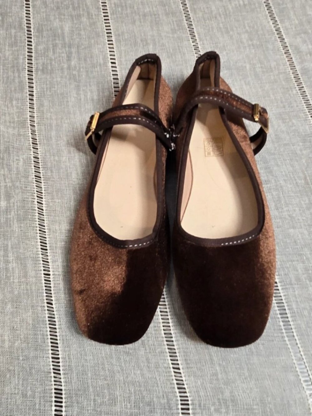 Brown suede flat shoes with a strap, size 8, unbranded